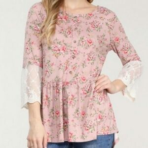 Ninexis Floral Rosette Lace Sleeve Blouse Top